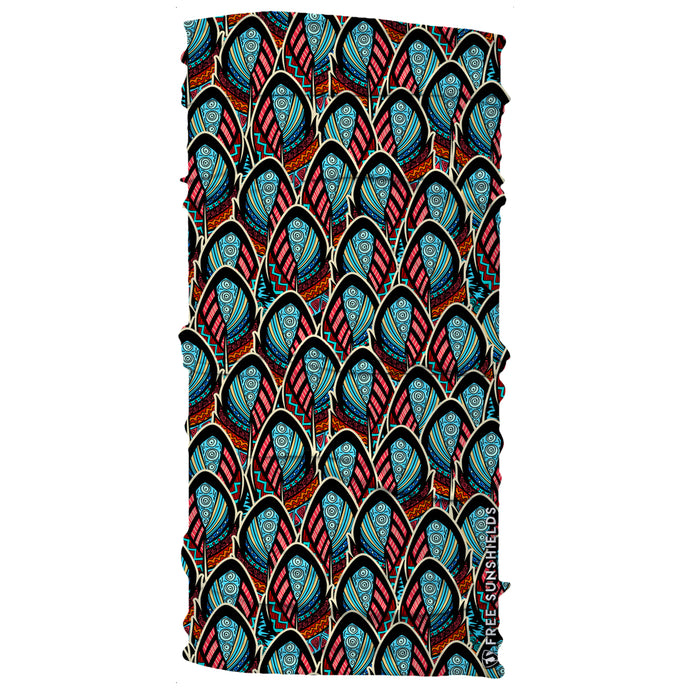 oblong abstract blue peacock feathers neck gaiter