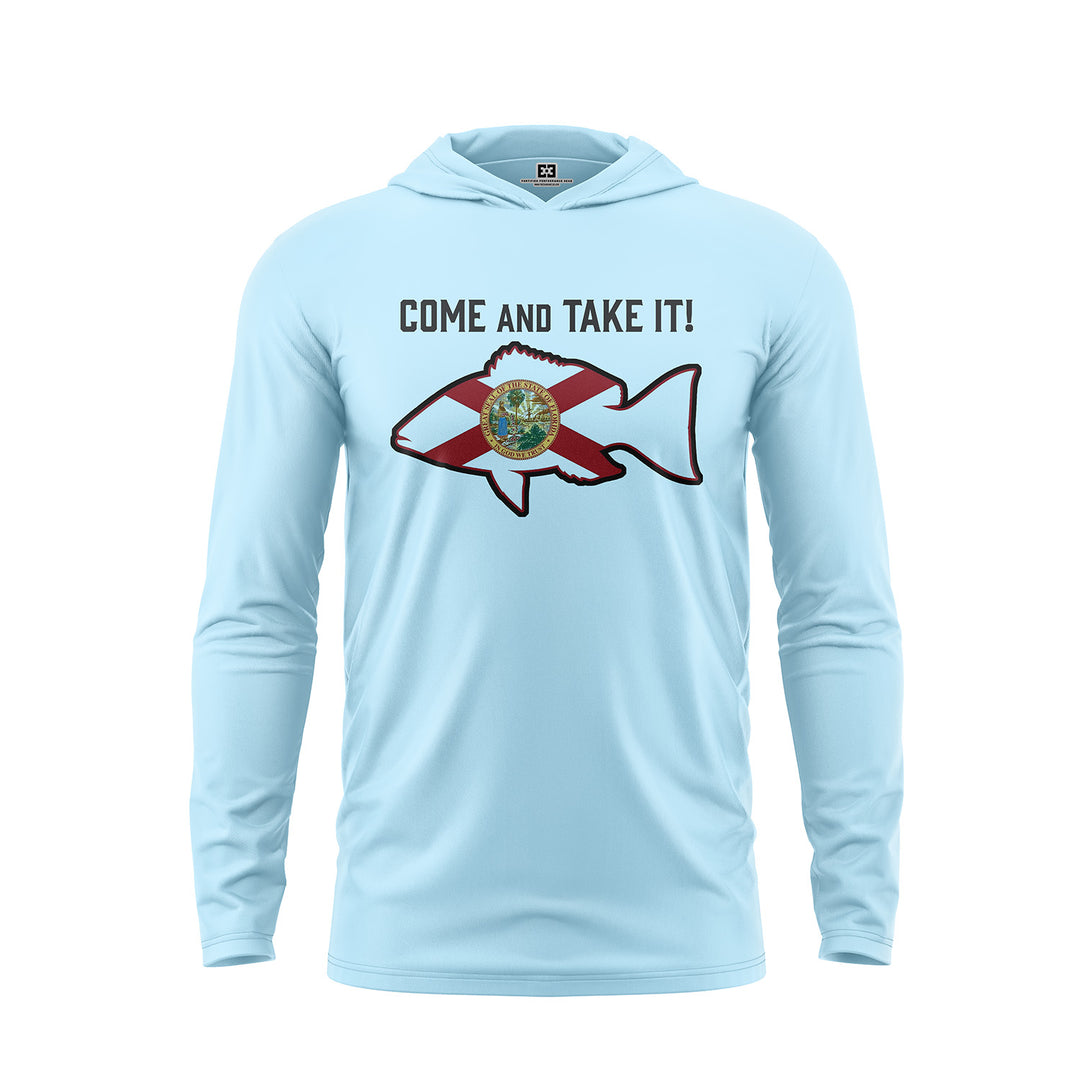 Arctic Blue Hooded Shirt with Come and Take it design