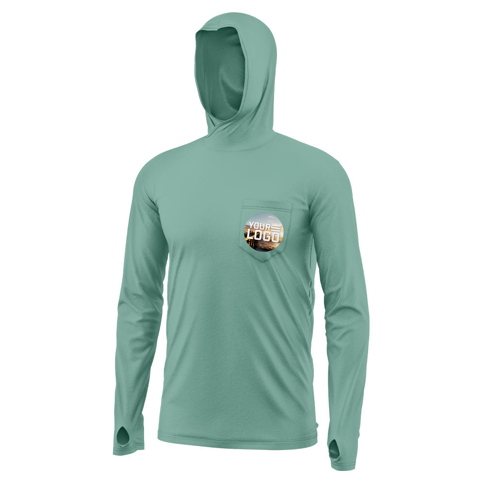 Mockup of a mossy blue hooded bamboo upf shirt with "your logo" on the front pocket.