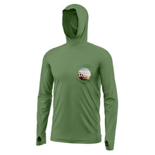 Mockup of a sage hooded bamboo upf shirt with "your logo" on the front pocket.