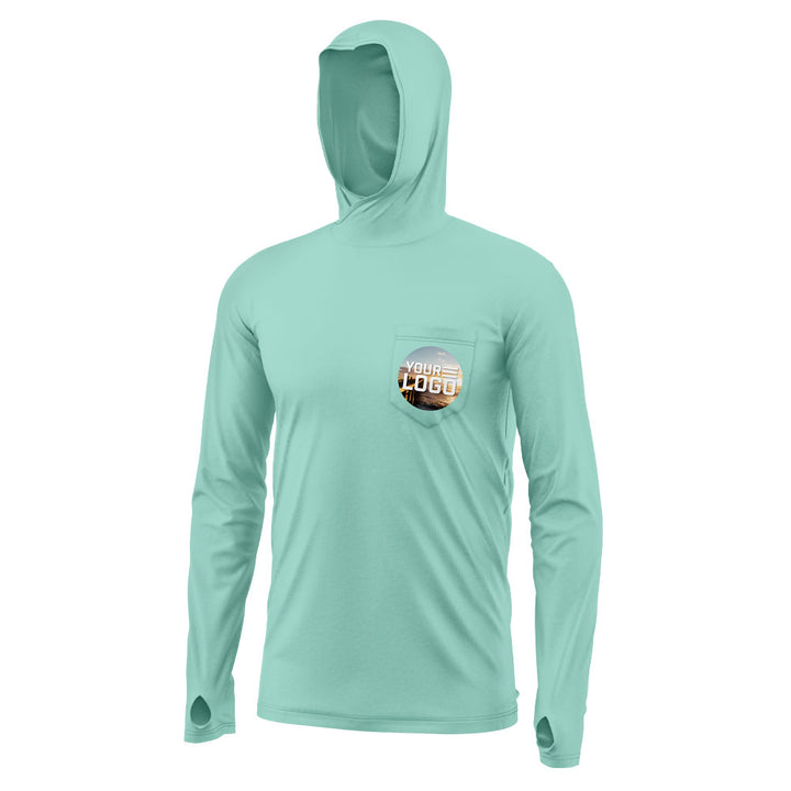 Mockup of a seafoam hooded bamboo upf shirt with "your logo" on the front pocket.