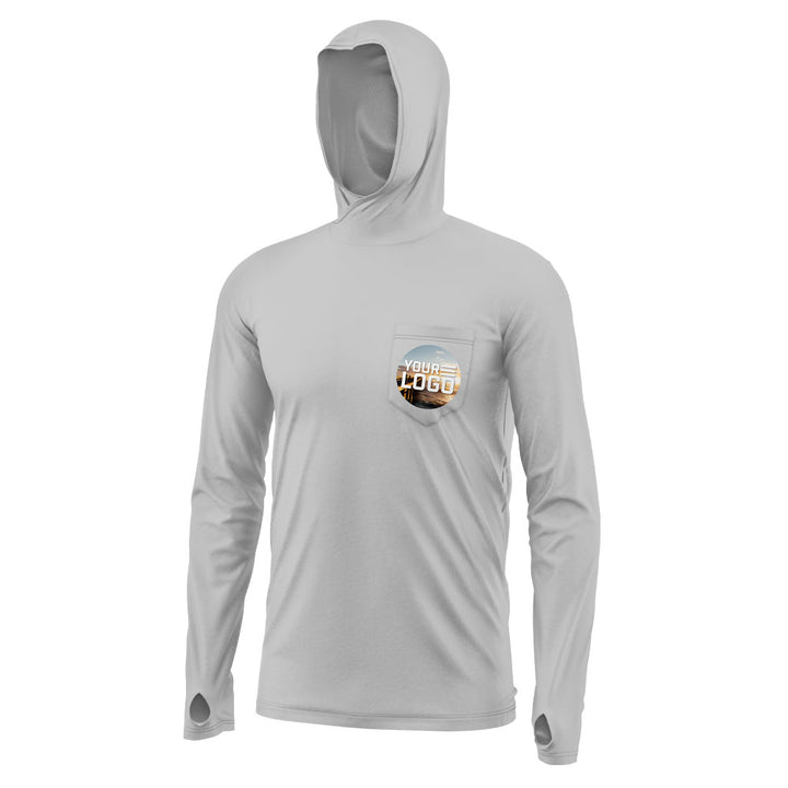 Mockup of a western smoke hooded bamboo upf shirt with "your logo" on the front pocket.