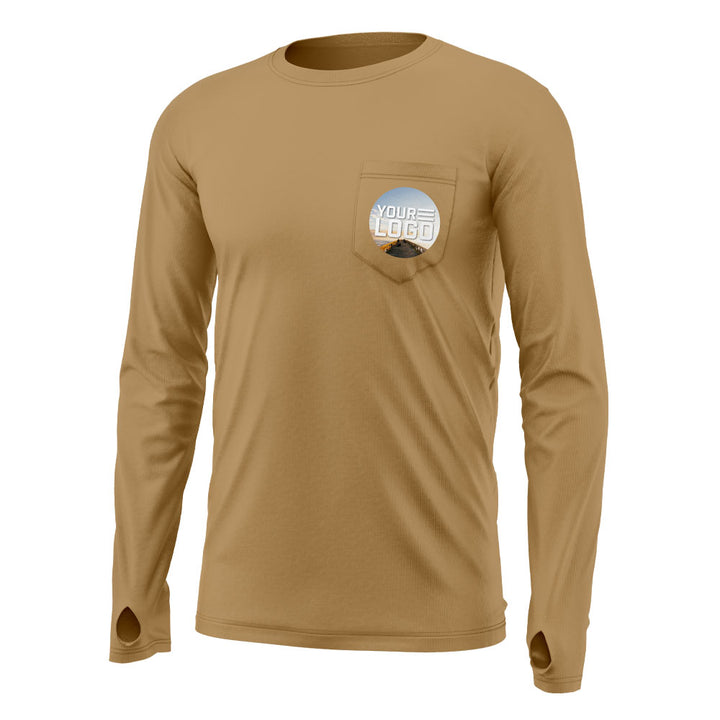 Mockup of a campfire bamboo upf shirt with "your logo" on the front pocket.