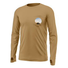 Mockup of a campfire bamboo upf shirt with "your logo" on the front pocket.