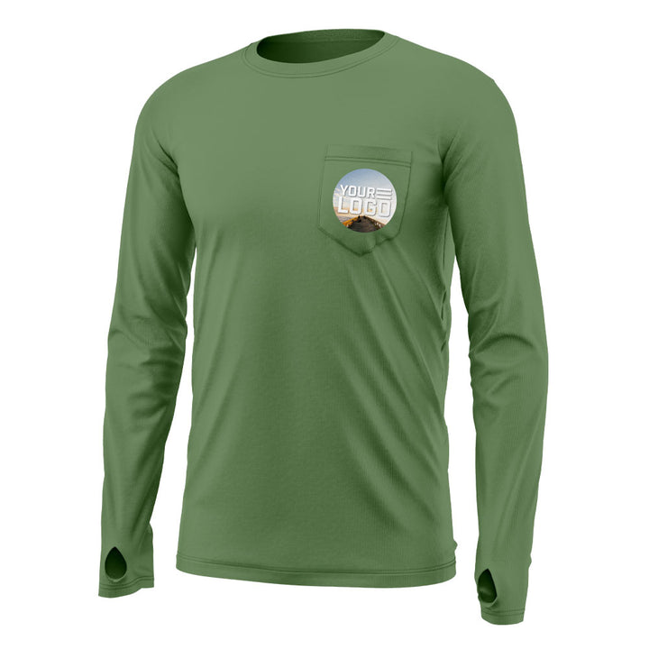 Mockup of a sage bamboo upf shirt with "your logo" on the front pocket.