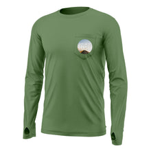 Mockup of a sage bamboo upf shirt with "your logo" on the front pocket.