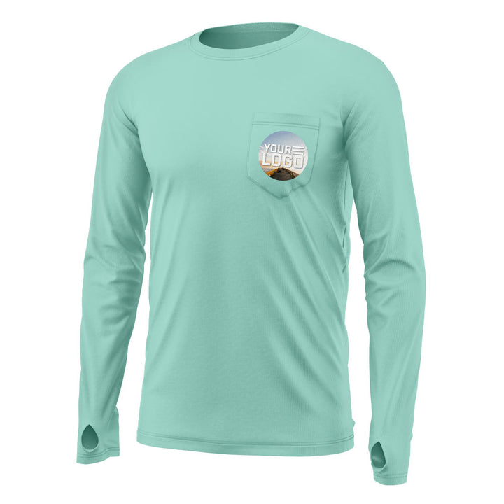 Mockup of a seafoam bamboo upf shirt with "your logo" on the front pocket.