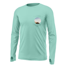 Mockup of a seafoam bamboo upf shirt with "your logo" on the front pocket.