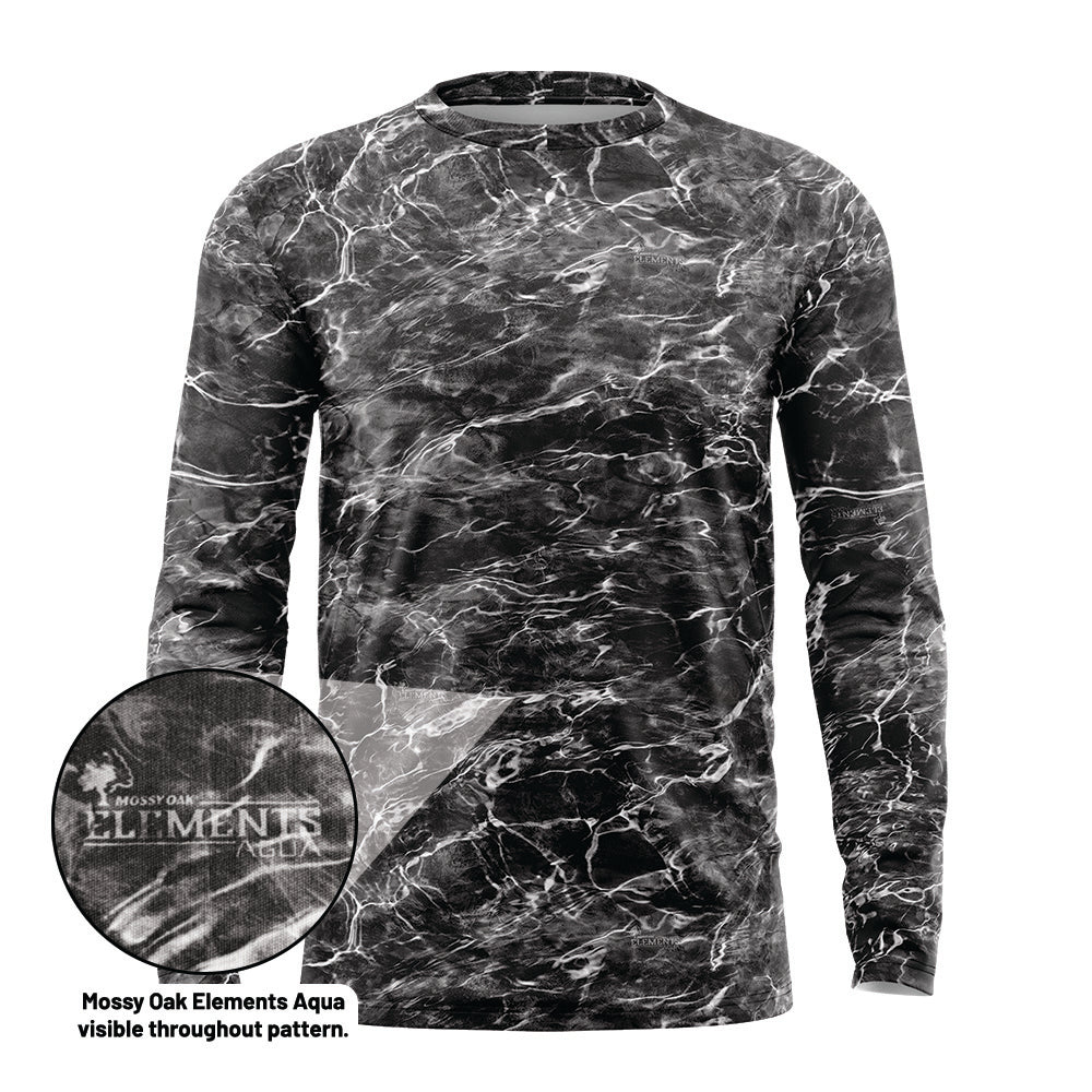 Product mockup of a blank long sleeve Blacktip Mossy Oak upf shirt. Highlighted element showing that the 