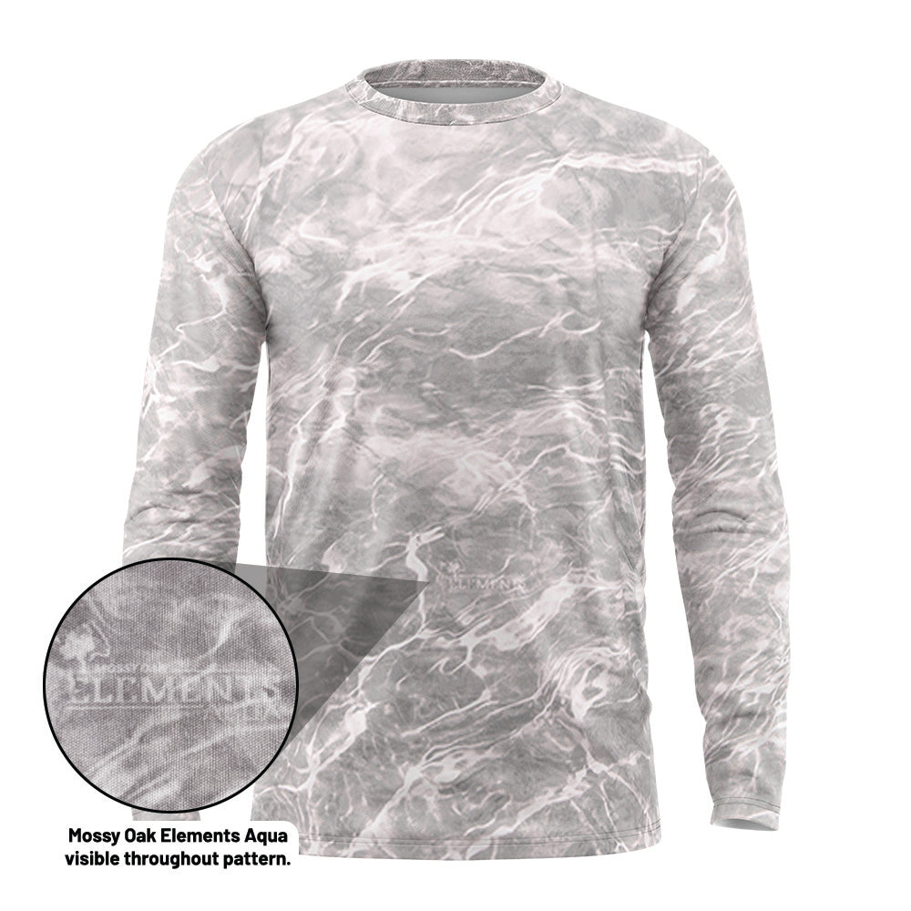 Product mockup of a blank Long Sleeve Bonefish Mossy Oak upf shirt. Highlighted element showing that the 