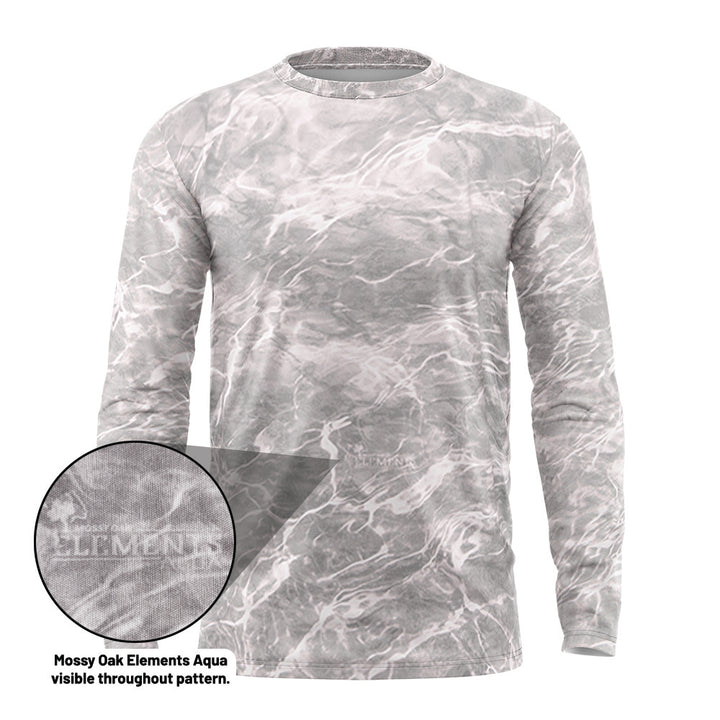 Product mockup of a blank Long Sleeve Bonefish Mossy Oak upf shirt. Highlighted element showing that the "Mossy Oak Elements Aqua" logo appears on the pattern of the shirt.