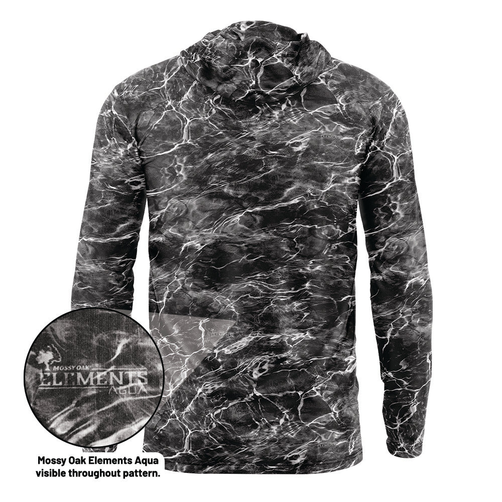 Product mockup of a hooded Blacktip Mossy Oak upf shirt with 