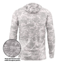 Product mockup of a hooded Bonefish Mossy Oak upf shirt with "your Logo" across the back and down the sleeve. Highlighted element showing that the "Mossy Oak Elements Aqua" logo appears on the pattern of the shirt.