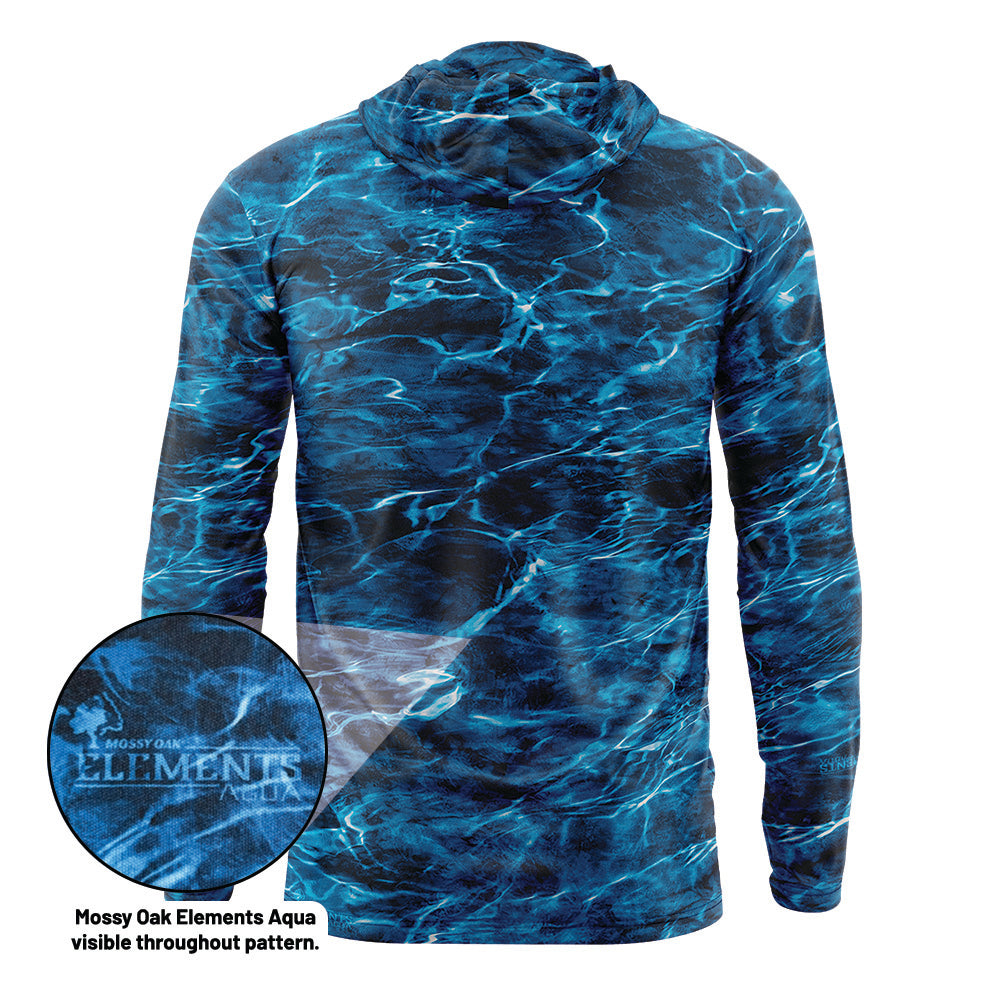 Product mockup of a blank hooded Marlin Mossy Oak upf shirt. Highlighted element showing that the 