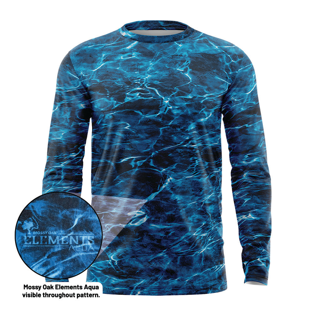 Product mockup of a blank long sleeve Marlin Mossy Oak upf shirt. Highlighted element showing that the 