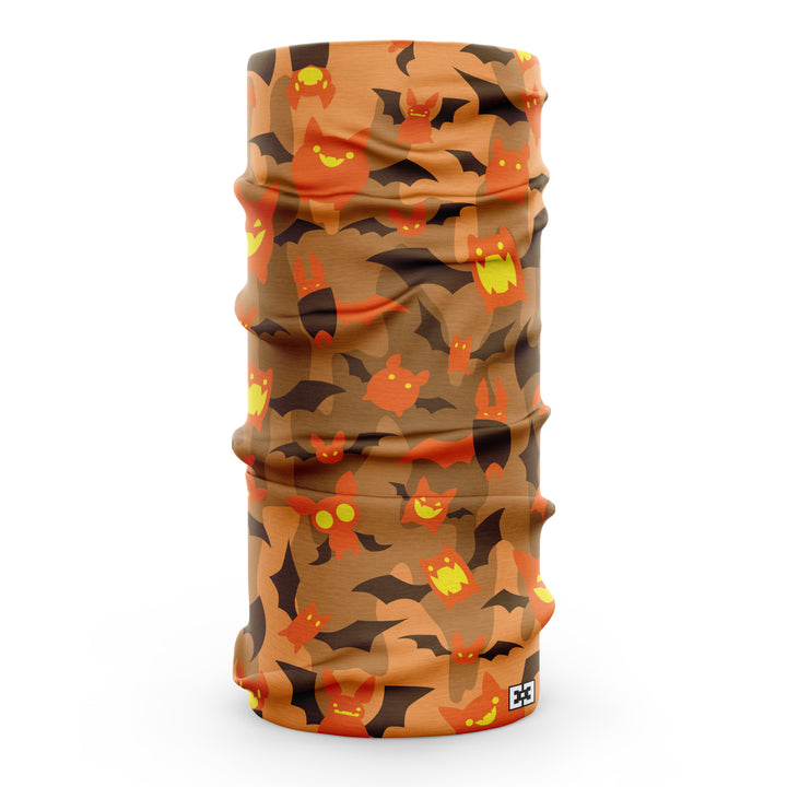 Orange neck gaiter with orange cartoon bats