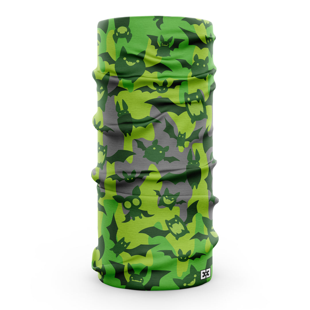 Gray and green neck gaiter with dark green cartoon bats