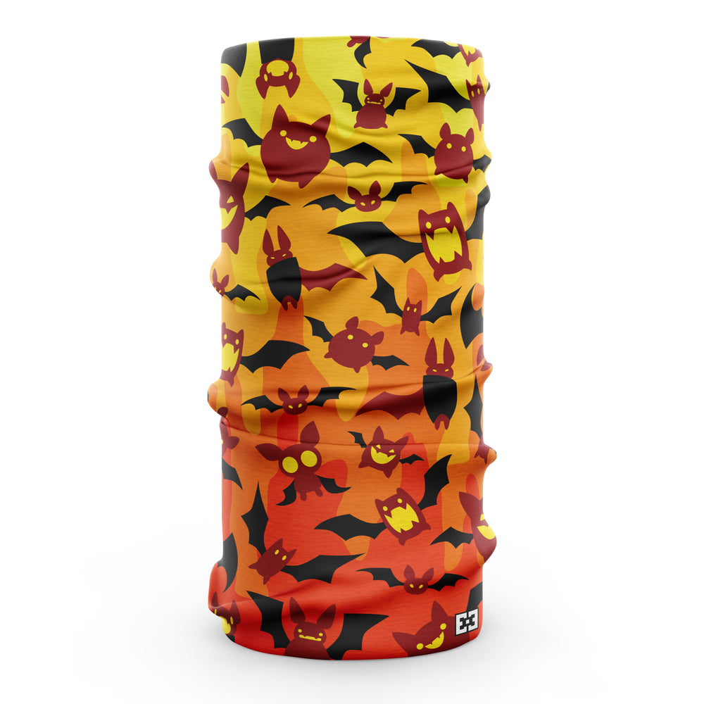 Orange and Yellow neck gaiter with red and black cartoon bats