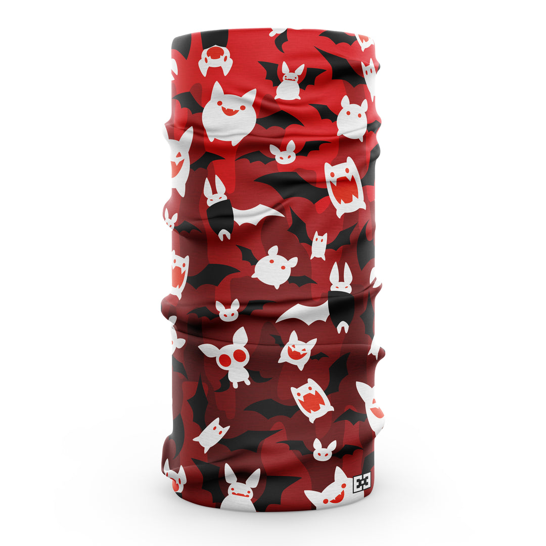 Red neck gaiter with white and black cartoon bats