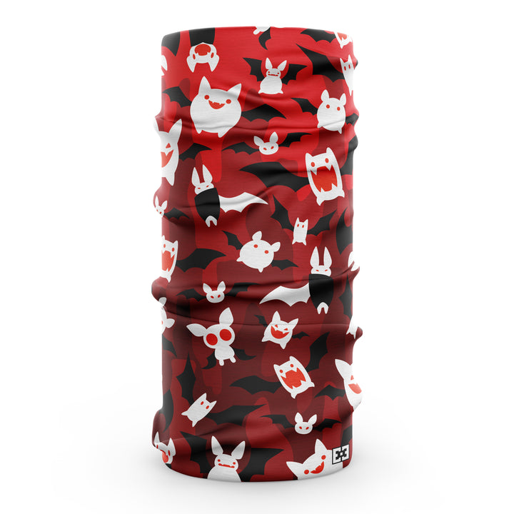 Red neck gaiter with white and black cartoon bats