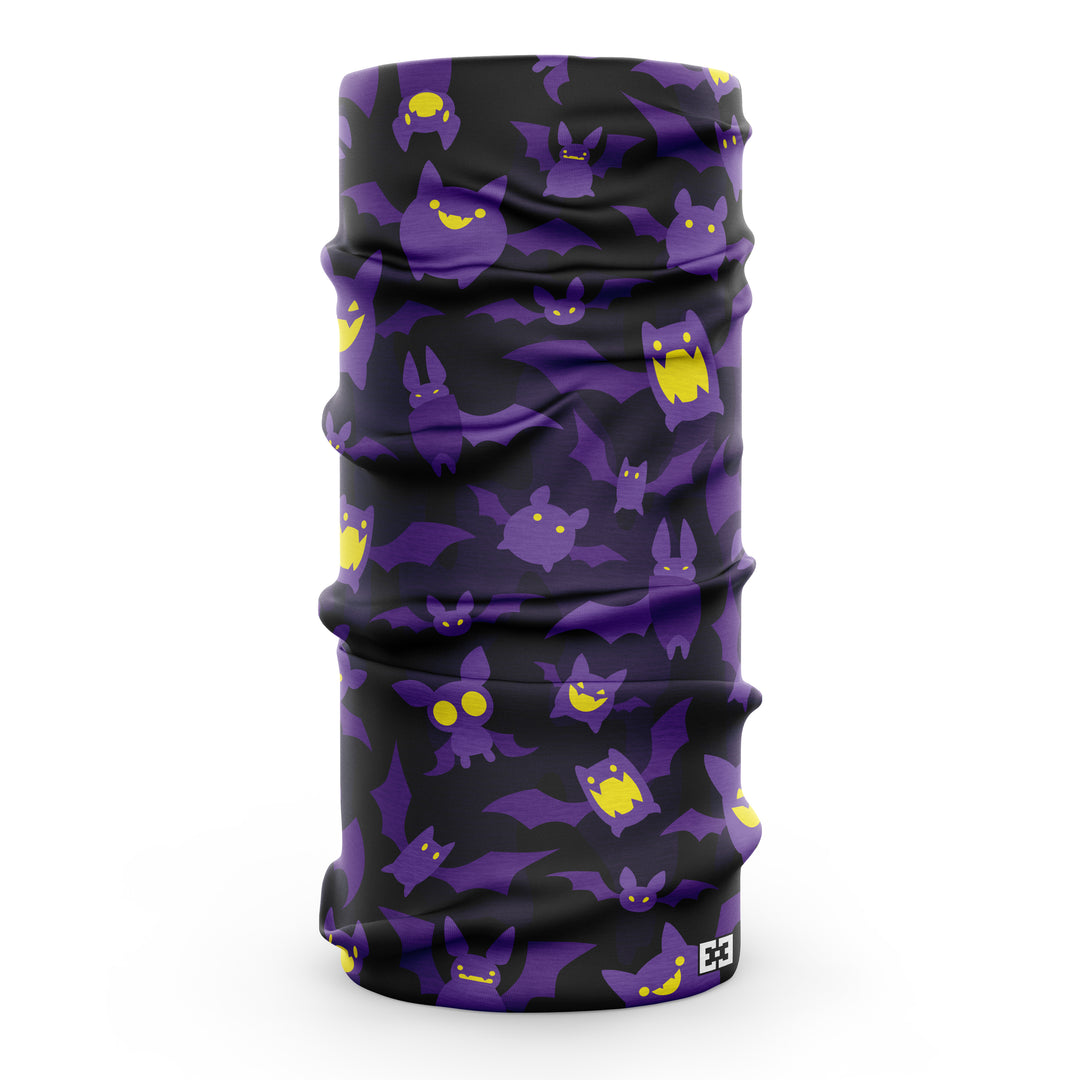 Dark purple neck gaiter with purple cartoon bats