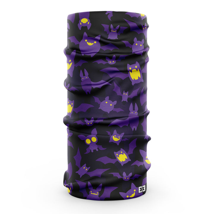 Dark purple neck gaiter with purple cartoon bats