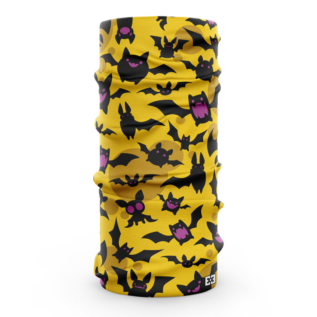 Yellow neck gaiter with black cartoon bats