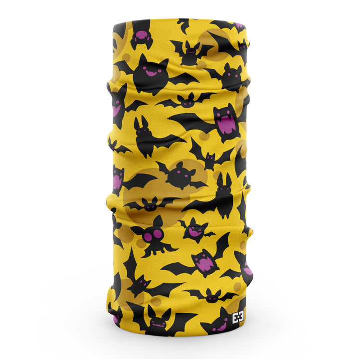 Yellow neck gaiter with black cartoon bats