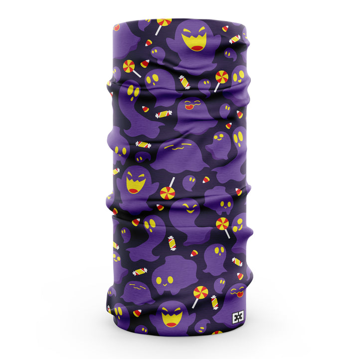 Dark purple neck gaiter with purple cartoon ghosts