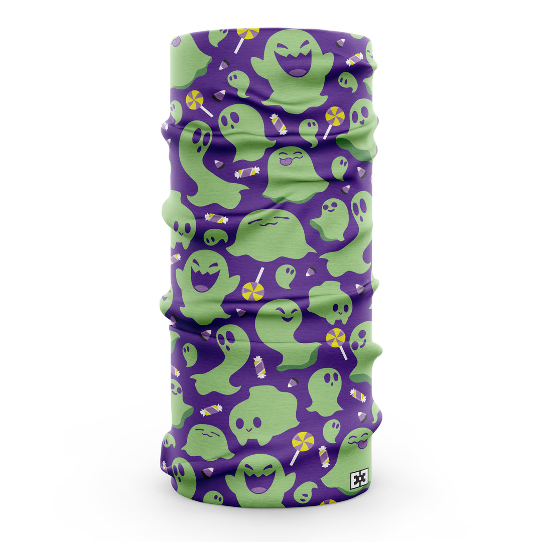 Purple neck gaiter with green cartoon ghosts