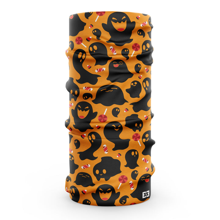 Orange neck gaiter with black cartoon ghosts