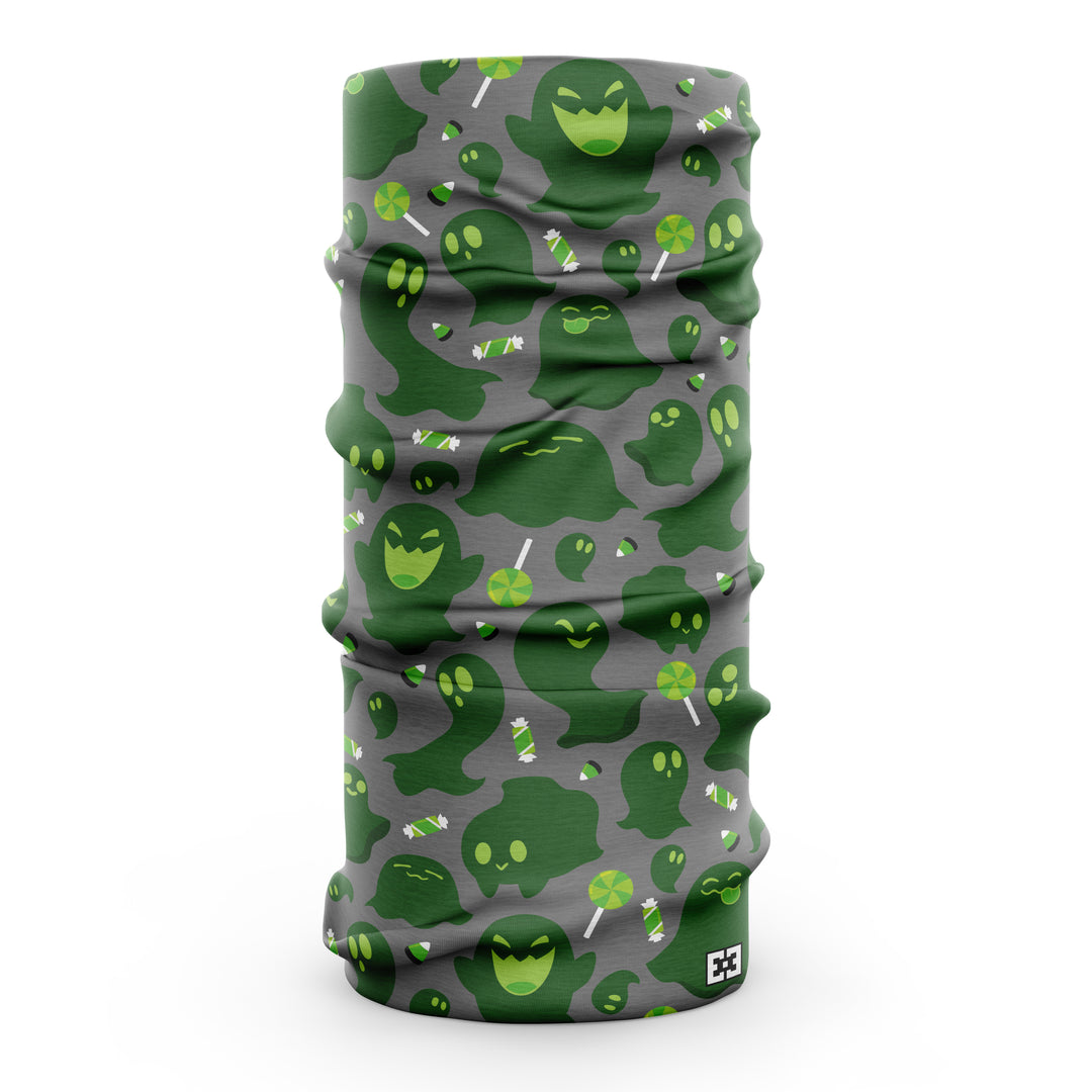 Gray neck gaiter with green cartoon ghosts