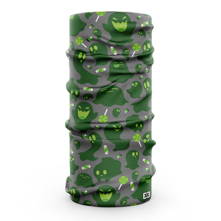 Gray neck gaiter with green cartoon ghosts