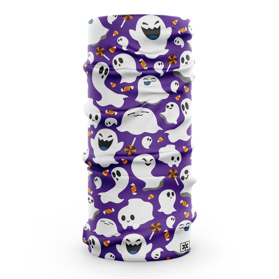 Purple neck gaiter with white cartoon ghosts