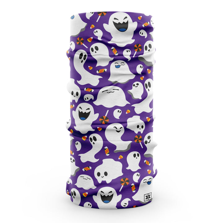 Purple neck gaiter with white cartoon ghosts