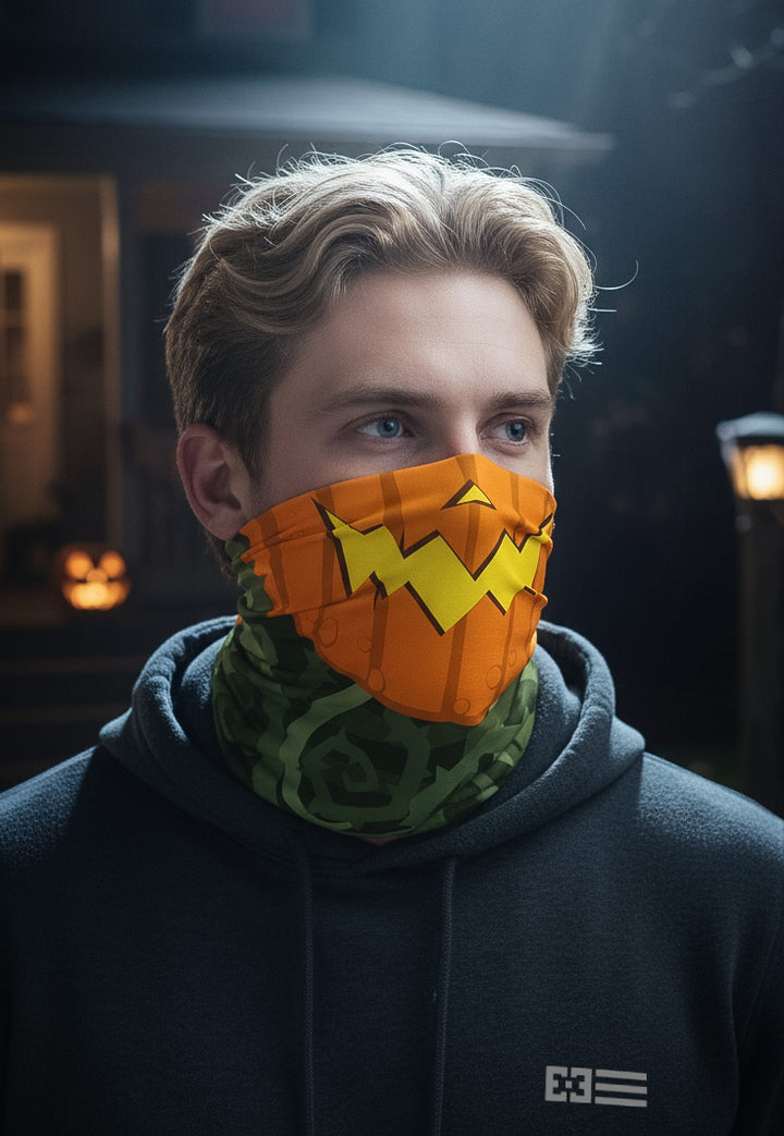 Man wearing the Jack O' Lantern Neck Gaiter