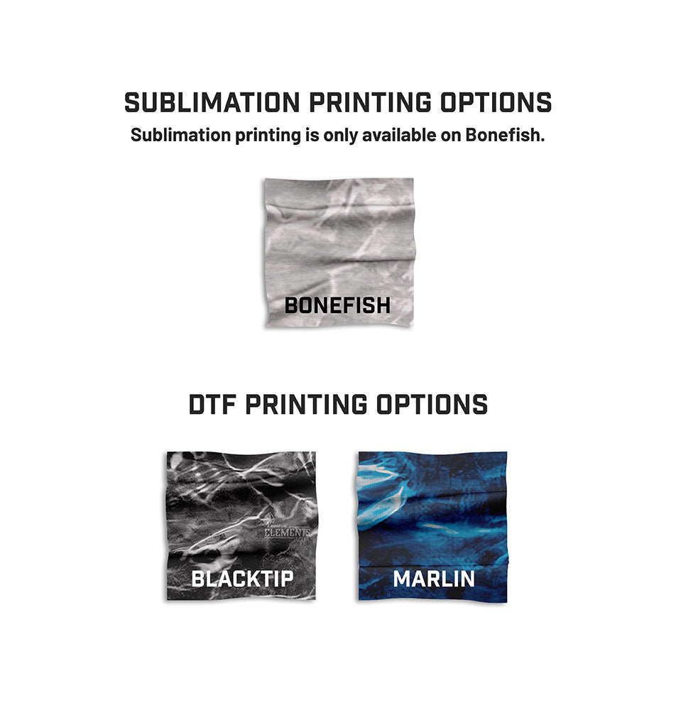 Color swatches showing available options for Mossy Oak products. Image indicates that sublimation printing is only available on Bonefish.