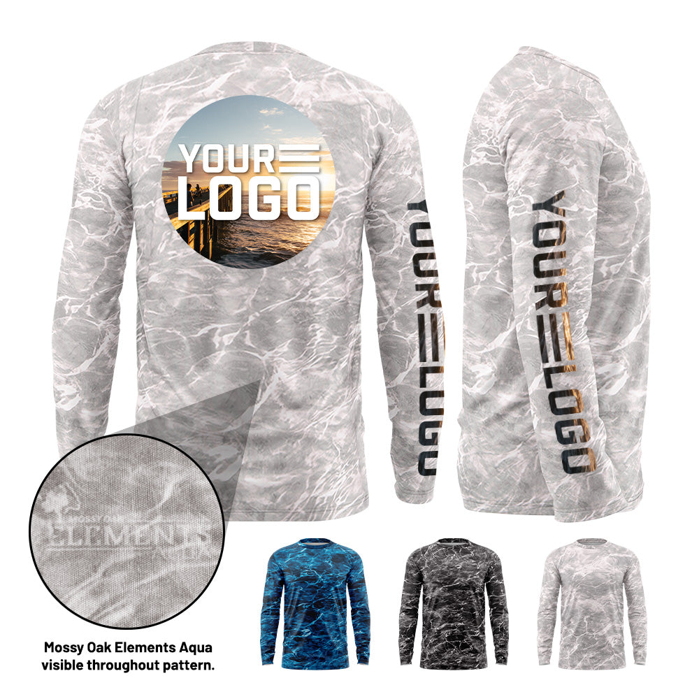 Product mockup of a long sleeve Mossy Oak upf shirt with "your Logo" across the back and down the sleeve. Blank mockups line the bottom showing available color options. Highlighted element showing that the "Mossy Oak Elements Aqua" logo appears on the pattern of the shirt.