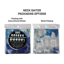 Neck gaiter packaging options showing one with an instructional sticker and one without. 