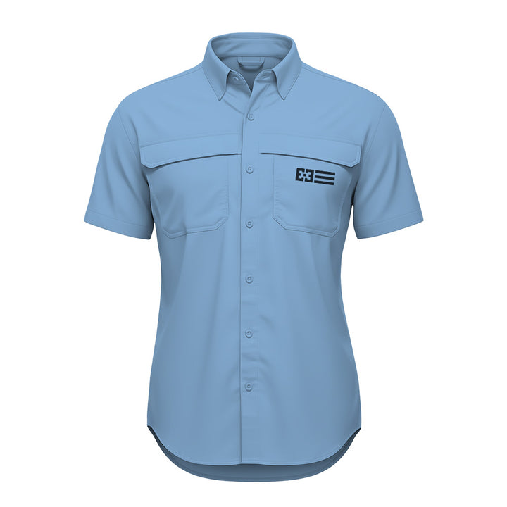 Original Free Sunshields women's short sleeve button up columbia blue