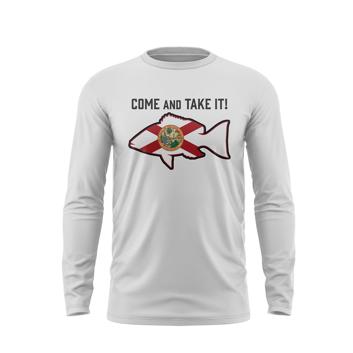 Pearl Gray Long Sleeve Shirt with Come and Take It design.