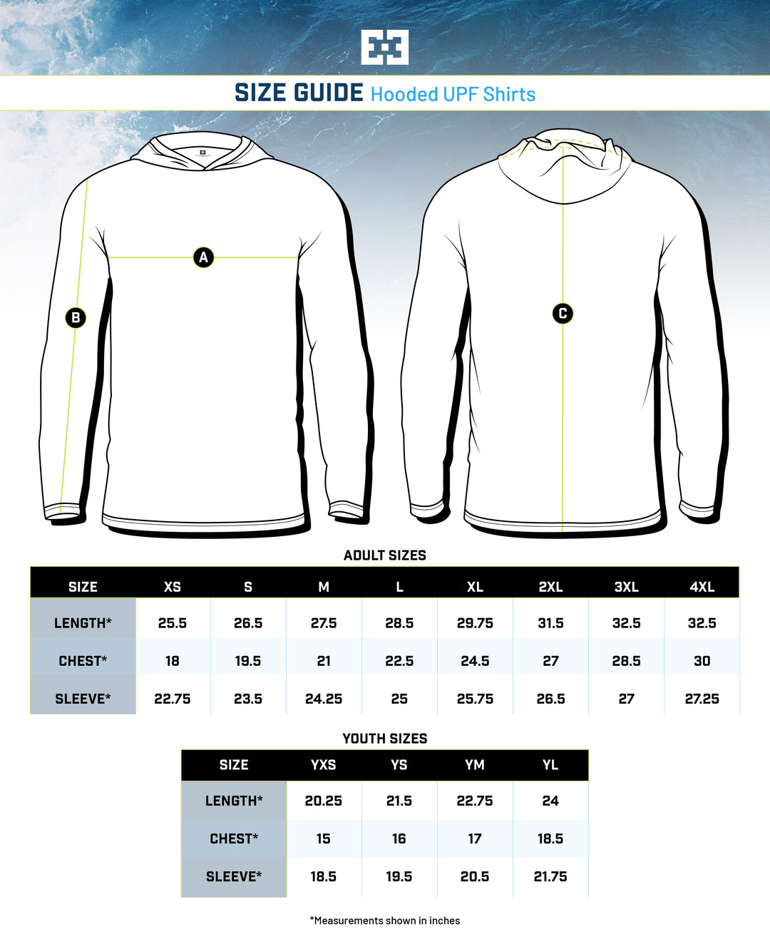 size guide for hooded upf shirts