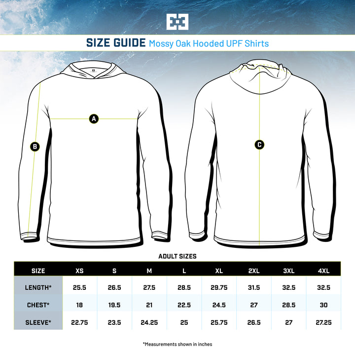 Size guide for hooded upf shirts. 