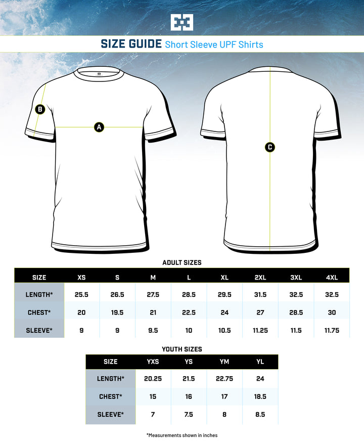 Size guide for short sleeve upf shirts