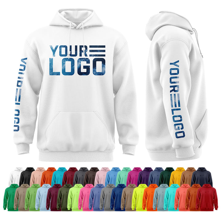 Product mockup of a hooded sweatshirt with "your Logo" across the back and down the sleeve. Blank mockups line the bottom showing available color options. 