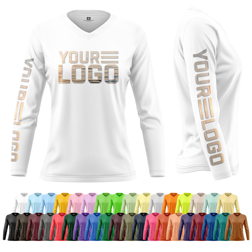 Product mockup of a women's long sleeve upf shirt with "your Logo" across the back and down the sleeve. Blank mockups line the bottom showing available color options. 