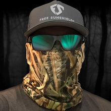 man wearing free sunshields hat sunglasses green wetland camo neck gaiter mask