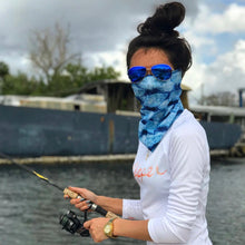 woman fishing on boat free sunshields sunglasses blue scales neck gaiter mask