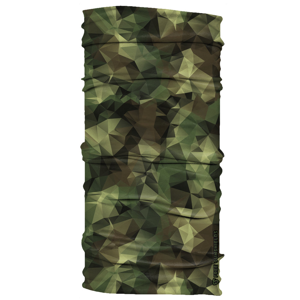 square three dimensional geometric print in green brown black 3d camo neck gaiter mask 